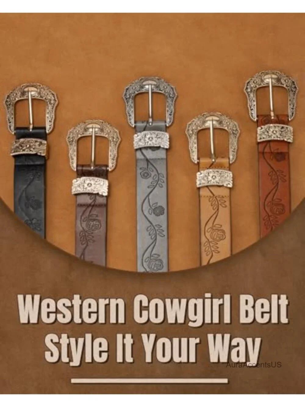 2 Pack Women Western PU Leather Engraved Buckle Belts Cowgirl Style